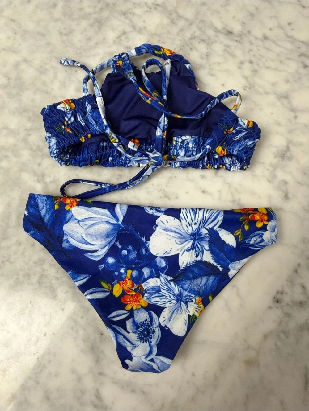 Agua Bendita Blue Floral Smocked Halter kids Bikini